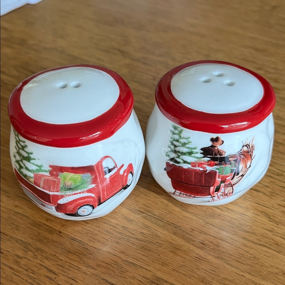 Festive Red and White Holiday Salt and Pepper Shakers, 2” diameter.